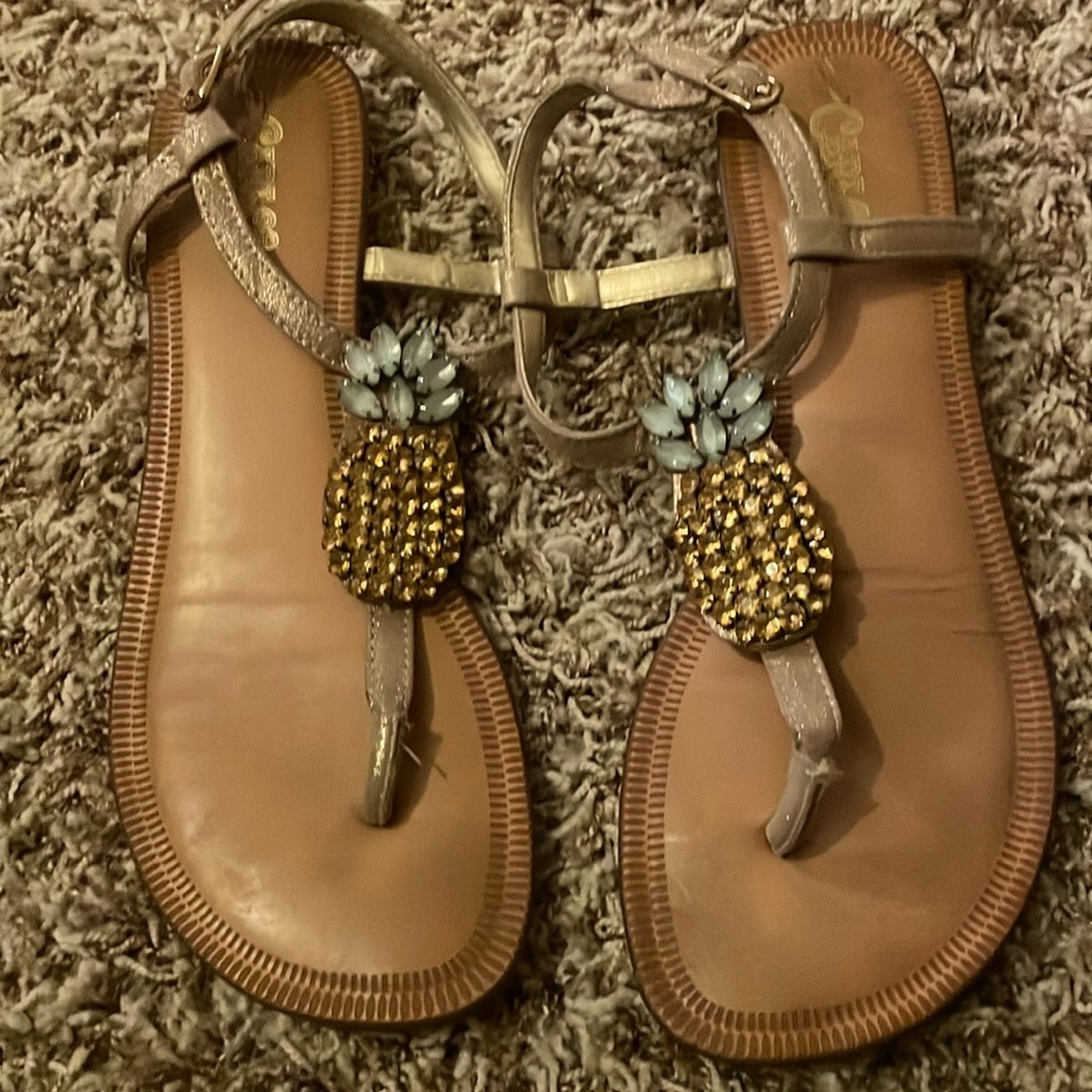 Carlos Santana pineapple sandals.